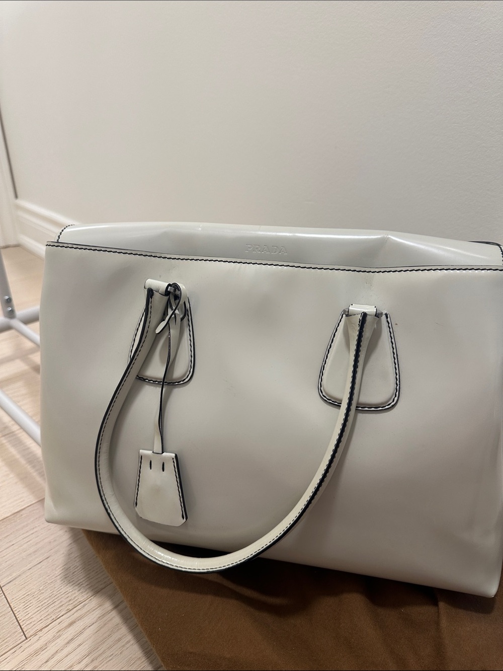 Prada Cream Patent Leather Tote with Contrast Trim